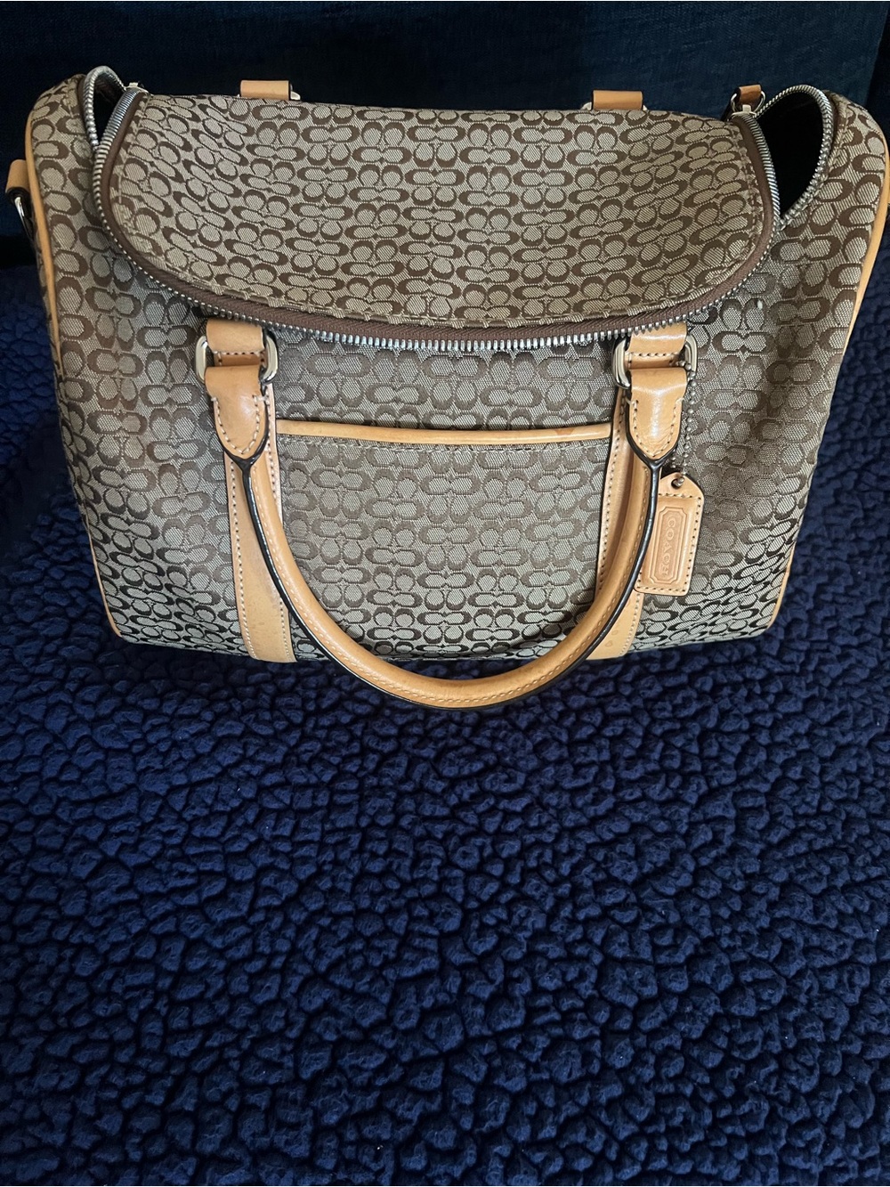 Coach Brown Signature Canvas Toiletry Satchel with Tan Leather Trim